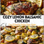 Golden sheet pan lemon balsamic chicken and roasted potatoes garnished with herbs for a cozy dinner.